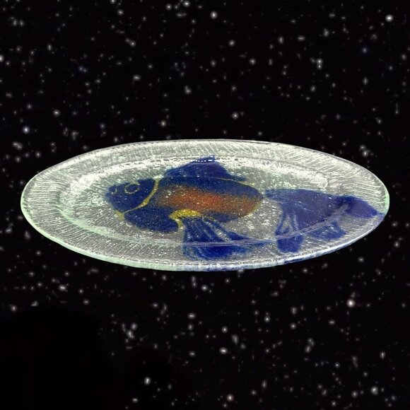 Large Fused Studio Art Glass Fish Tray Dish Hand Made Clear Glass 13.5”Long 8”W - Picture 12 of 15